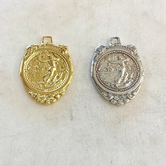 Large Double Sided Italian Coin Sterling Silver or Vermeil Gold Nature-Scape Disc, Religious Unique Medallion Renaissance Art Nouveau