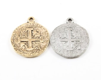 Ancient extra large cross circle pewter base metal cross coin charm pendant religious spiritual catholic christianity necklace charm