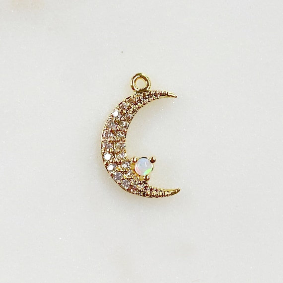 Thin Small Crescent Moon Cubic Zirconia Covered Opal Stone Gold Plated Moon Charm Unique Celestial Charm