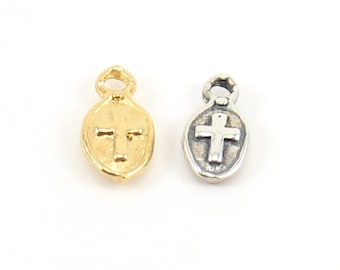 Tiny Cross Thick Oval Charm in Sterling Silver or Vermeil Gold Small Religious Pendant