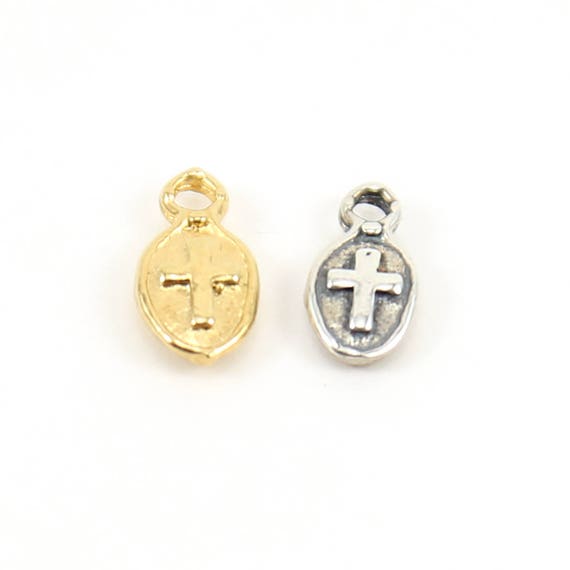 Tiny Cross Thick Oval Charm in Sterling Silver or Vermeil Gold Small Religious Pendant