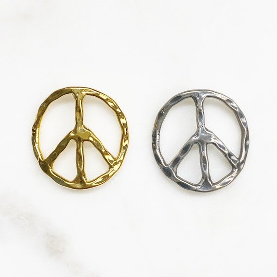 Vermeil Or Sterling Silver Large Bent Hammered Peace Sign Bracelet Pendant Connector Hippie Love 60's Charm