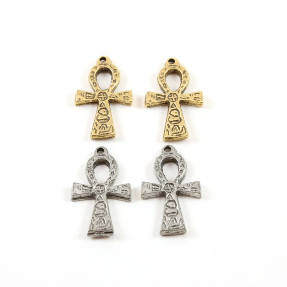 2 Pieces Egyptian Ankh Life Charm Pewter Base Metal Antique Silver Antique Gold