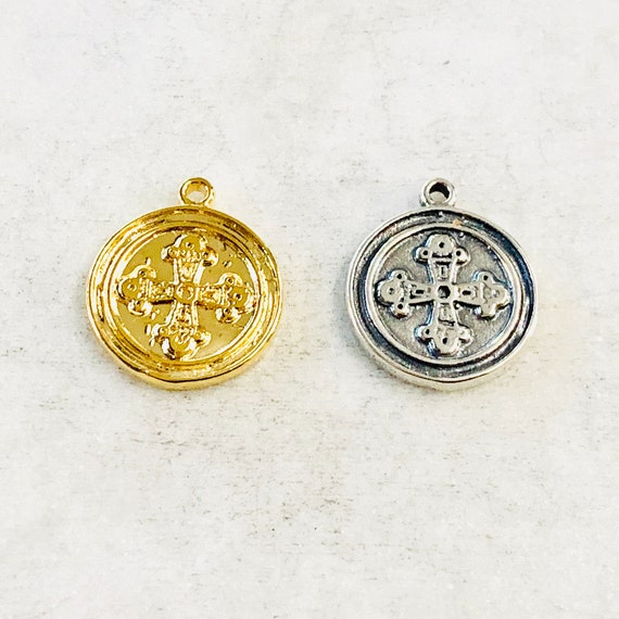 Medieval Cross Coin Medallion Wax Seal Disc Double Sided Charm Vermeil or Sterling Silver Pendant religious Rosary Catholic Charm Pendant