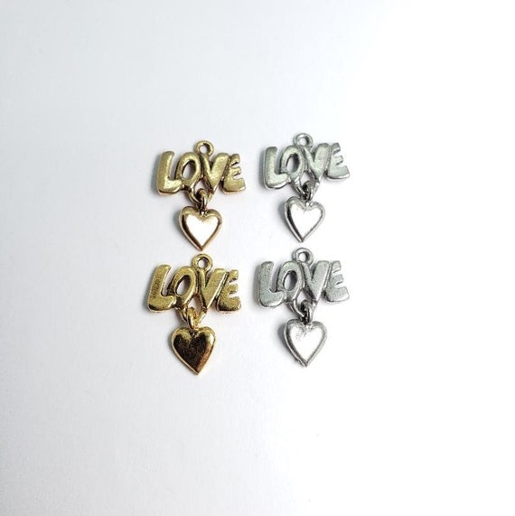 2 Pieces Pewter Cute Unique Love Charm With Hanging Heart Love,Valentine's Day,  Friendship Pendant, Antique Gold, Antique Silver
