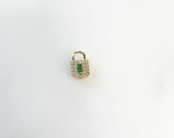 Small cute  gold plated clear cz and emerald colored cubic zirconia pad lock charm love charm, valentine's day, mother' day charm pendant