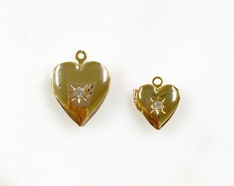 Heart shaped 16k gold plated locket charm cubic zirconia center stone detail unique love charm choose your size small or large