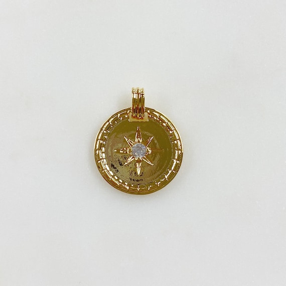 8 Point Starry Coin Charm 16k Gold Plated Celestial Coin Pendant with Attached Bail Loop