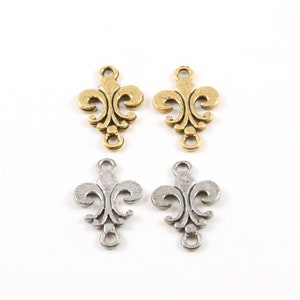 2 piezas simple plano Fleur De Lis 2 bucle conector encanto pendiente componente peltre collar encanto 12 mm x 20 mm oro antiguo o plata antigua