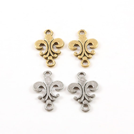 2 Pieces Simple Flat  Fleur De Lis 2 Loop Connector Charm Earring Component Pewter Necklace Charm 12mm x 20mm Antique Gold or Antique Silver