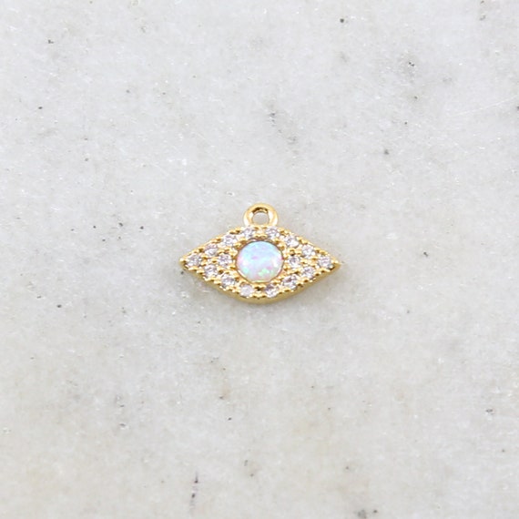 Gold Pave CZ Evil Eye Pendant Charm with Opal Stone Protector Rhodium Plated Necklace Charm