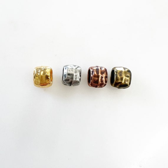 5 Pieces Small Artisan Organic Hammered Textured Large Hole  Spacer Bead Leather Slider Bead Shiny Gold, Antique Silver, Copper or Brass