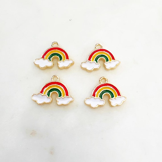 4  Pieces Gold Plated Enamel Rainbow Charm Small Cute Rainbow with Clouds Gold Charm Purse, Lip Gloss, Necklace Charm Jewelry Making Supply
