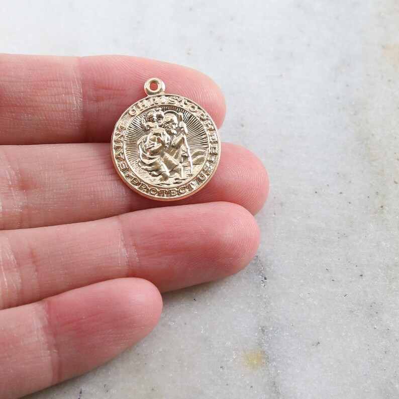Medium saint christopher simple round coin medallion pendant charm in sterling silver or 14k gold filled, catholic religious charms image 2