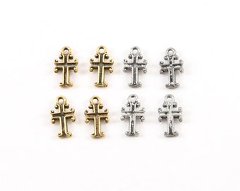 4 piezas de pequeñas cruces con bordes rizados, base de peltre, colgante pequeño y delicado, dije religioso, espiritual, católico, cristiano