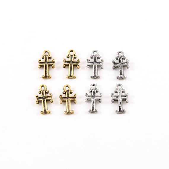 4 Pieces Tiny Cross with Curled Edges Pewter Base Metal Small Little Dainty Charm Pendant Religious Spiritual Catholic Christianity Charm