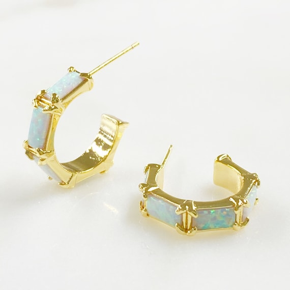 White Opal Gem Hoop Earrings Gold Plated Opal Half Hoops Ready To Wear Hoop Earrings