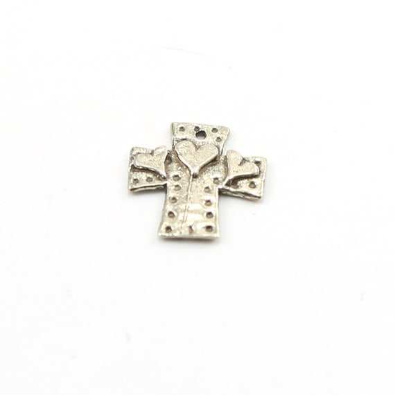 Sterling Silver Whimsical Dotted Patch Cross with Three Hearts Charm Pendant Religious Spiritual Catholic Pendant