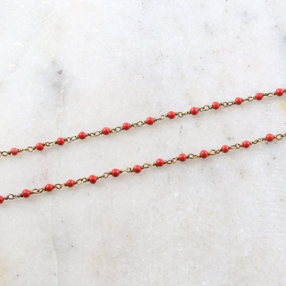 Dainty Vermeil Gold Tiny Red Coral Beaded Wire Wrapped Chain / Sold by the Foot / Bulk Unfinished Chain / Green Gemstone Chain