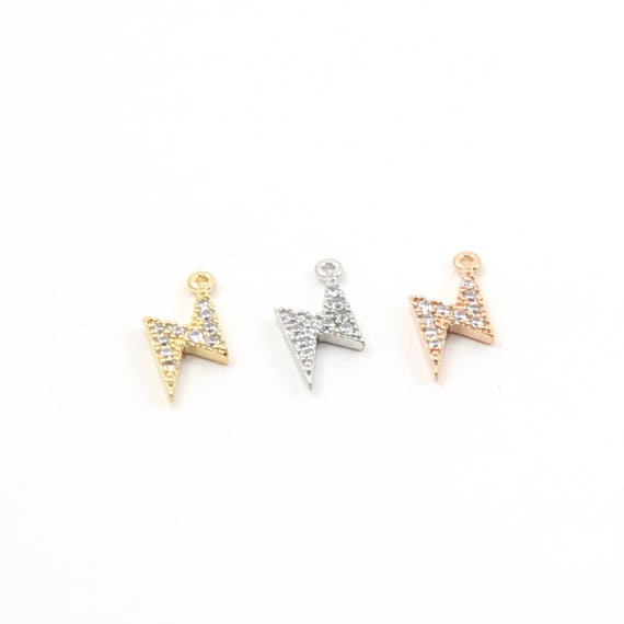Lightning Bolt Pave CZ Charm Cubic Zirconia Rhodium Plated Pendant in Gold, Silver, or Rose Gold