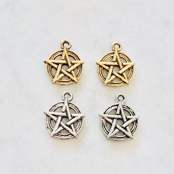 2 Pieces Pewter Base Metal Wiccan Symbol Pentagram Five Point Star Charm Mythologian Charm Pendant Antique Gold, Antique Silver