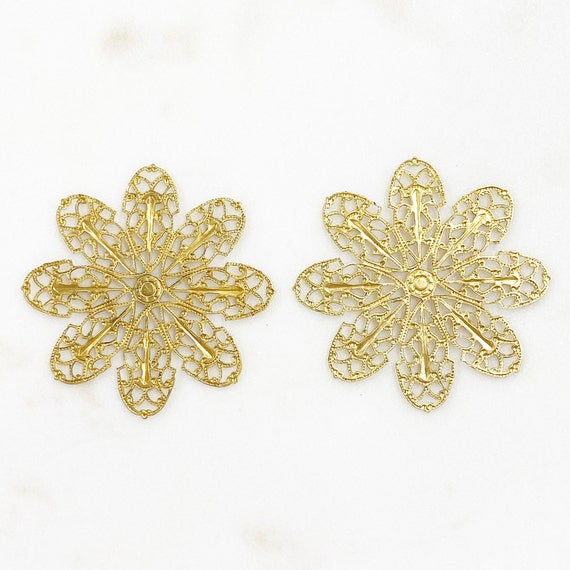 2 Piece Filigree Raw Brass Flower Shaped Wire Tracery Unique Jewelry Making Supplies