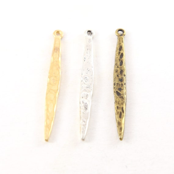 Pewter Metal Tall Long Textured Hammered Spike Dagger Pendant Point Charm 49mm x 4mm Bar Matte Gold, Silver, Brass