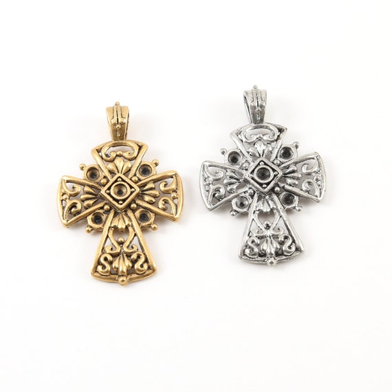 Fancy Large Cross for Pointed Crystals Inlay Pendant Pewter Religious Spiritual Catholic Charm 40mm x 26mm Antique Gold, Antique Silver