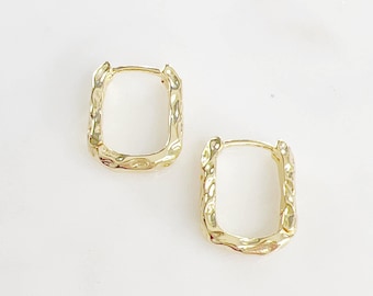 Textured hammered rounded square hoops semi thick rounded square snap hoop earrings
