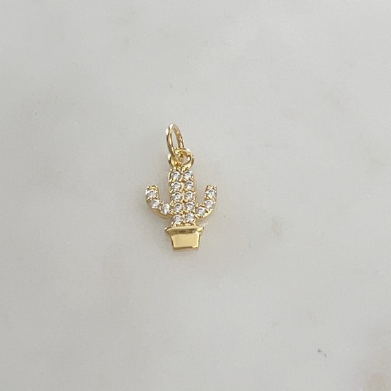 Cute Potted Succulent Cactus Pave CZ Charm Cubic Zirconia Gold Plated Pendant Southwestern Desert Charm Summer Vacation Nature Plant Charm