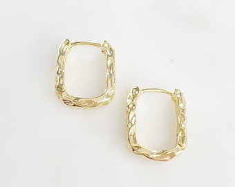 Textured Hammered Rounded Square Hoops Semi Thick Rounded Square Snap Hoop Earrings