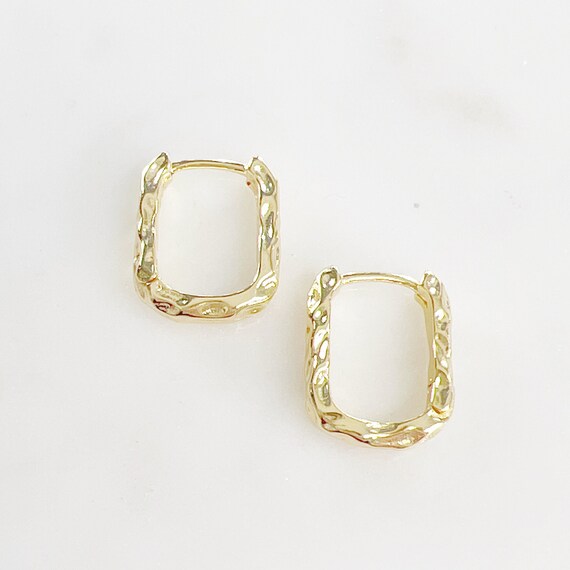 Textured Hammered Rounded Square Hoops Semi Thick Rounded Square Snap Hoop Earrings