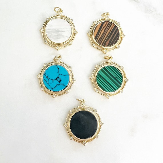 Gold Plated Round Sphere Orbit Pendant With Cubic Zirconia, Mother of Pearl Shell, Faux Tiger's Eye, Magnesite, Malachite, or Black Onyx