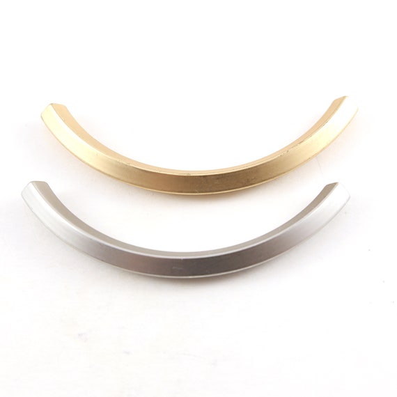 Extra Large Long Curved Bar Tube Pewter Metal Bead Leather Slide Charm Choker Element Matte Gold, Matte Silver
