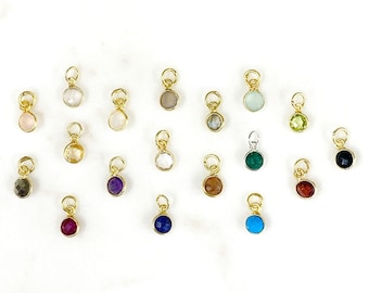 Tiny round gemstone faceted bezel charm with jump ring in sterling silver or gold plated over sterling / choose your gemstone