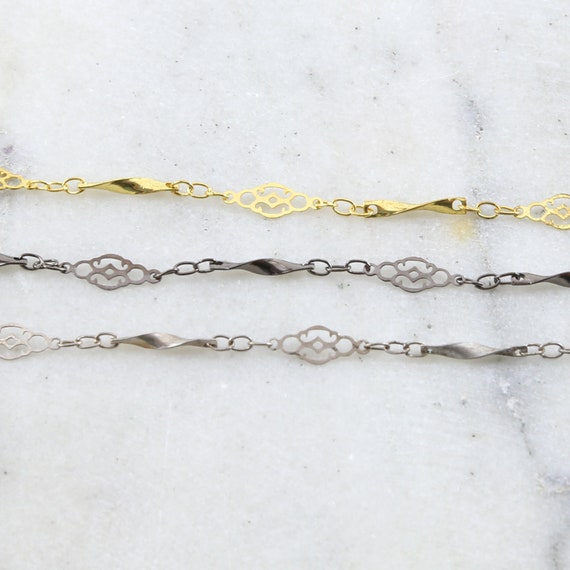 Base Metal Ornate Filigree Shimmer Chain in Antique Silver, Shiny Gold, Gunmetal  / Chain by the Foot