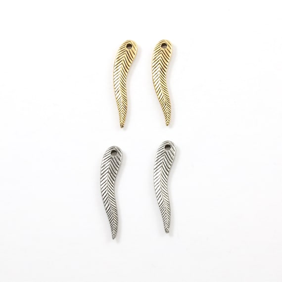 2 Pieces Skinny Lined Pewter Pointed Minimal Modern Feather Charm Jewelry Making Supplies Necklace Pendant Antique Gold, Antique Silver