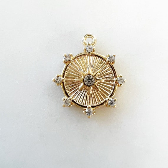 Dainty Gold Plated  Sun Dial Disc Compass Cubic Zirconia Charm Pendant 8 Point Pave CZ Coin Charm