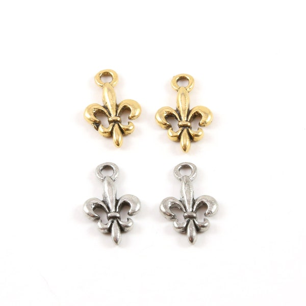 2 Pieces Tiny Small Fleur De Lis Charm Pendant Pewter Necklace Charm 17mm x 10mm in Antique Gold or Antique Silver