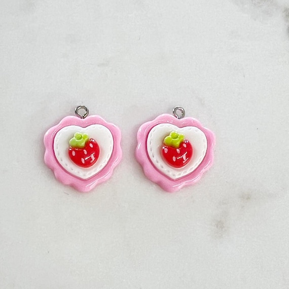 2 Pieces Cute Pink Heart Shape Strawberry Charm Cake Charm Pendant Trendy  Lip Gloss, Backpack, Purse, Key Chain Charm Jewelry Supply
