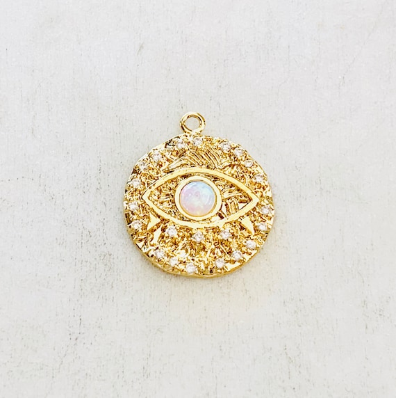 Evil Eye Coin Opal Gold Round Charm 20mm Pink White Opal Stone Evil Eye Gold Plated CZ Drop Charm Cubic Zirconia Protector Charm