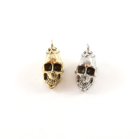 Large Pewter Open Jaw Skull Head Pendant Halloween Skeletons Day of the Dead Charm in Antique Gold, Antique Silver