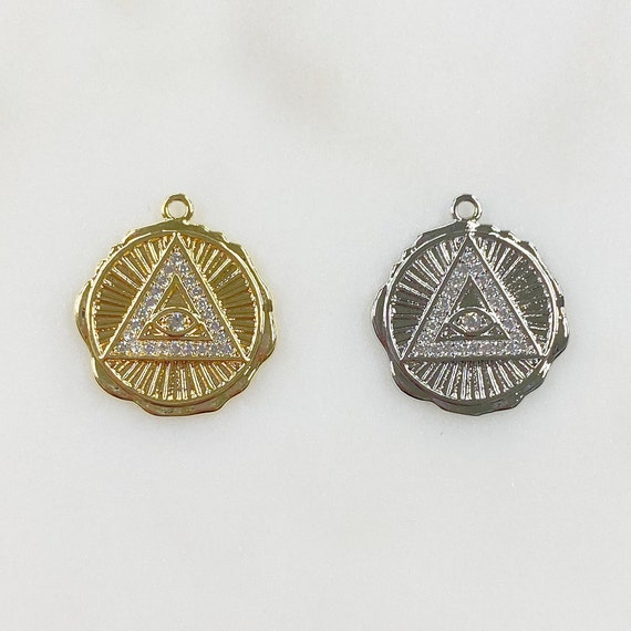 Evil Eye Textured Misshaped Coin Charm CZ Triangle and Eye Detail Choose Your Color Gold or Silver