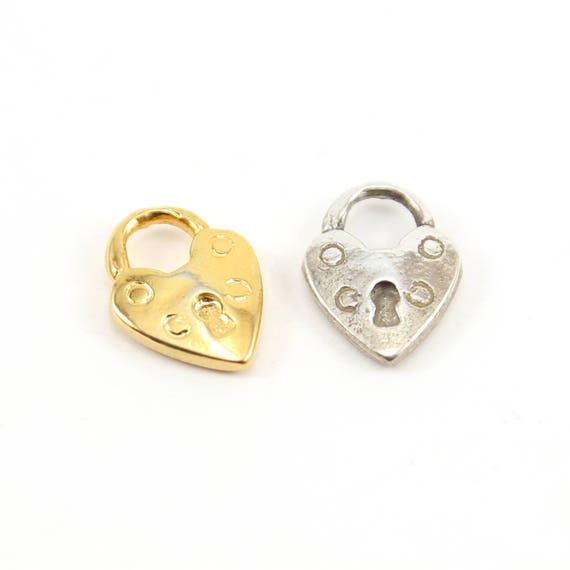 Thick Heart with Lock Charm in Sterling Silver or Vermeil Gold Love Valentines Day Best Friend Pendant