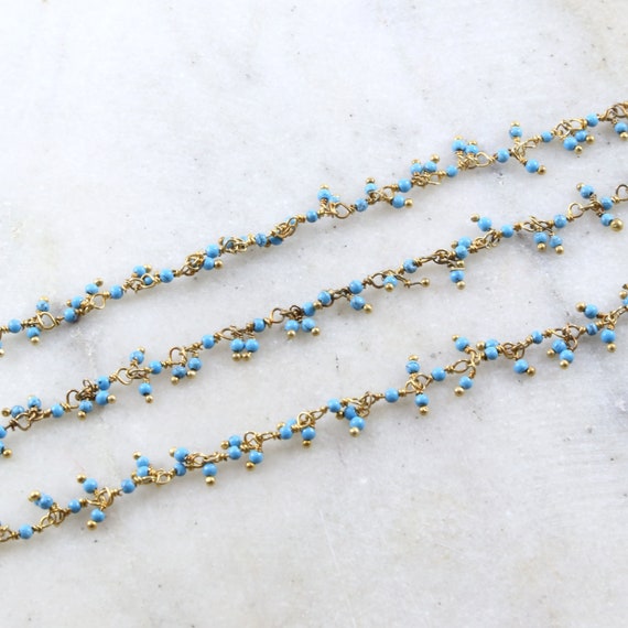 Tiny Dangle Turquoise Gemstone Rosary Beaded Wire Wrapped Chain Gold Vermeil  / Sold by the Foot / Bulk Unfinished Chain