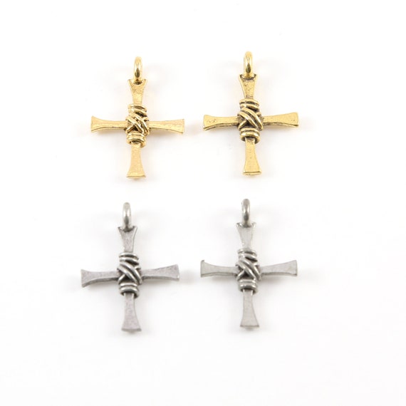 2 Pieces Pewter Base Metal Rope Twisted Wire Detailing Center Cross Charm Pendant Religious Spiritual Catholic Christianity Necklace Charm