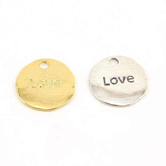 Large Double Sided Coin Stamped with Love and Amore Charm Pendant Sterling Silver and Vermeil Gold