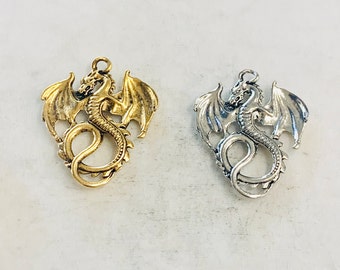Pewter Flying Detailed Dragon Charm Fantasy Medieval Magic Mystical Creature Pendant in Antique Gold, Antique Silver
