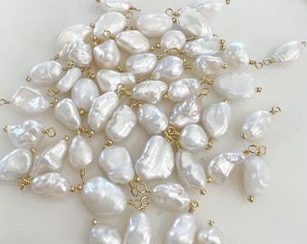 1 piece gold plated wire wrapped freshwater pearl charm, baroque pearl charm, pearl charm pendant