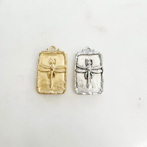 Unique Raised Detailed Rectangle  Dragonfly Pewter Metal Charm Insect Nature Spring Pendant